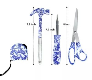 4pcs floral printed hand tool sets with carrying case including 6 in 1 hammer, tape measures, scissors and 4 in 1 screwdrivers