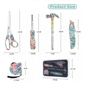 4pcs floral printed hand tool sets with carrying case including 6 in 1 hammer, tape measures, scissors and 4 in 1 screwdrivers