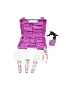 5pcs Floral Printed Garden Tool Kits including garden trowel, shovel. rake, pruning shears and sprayer with carrying case