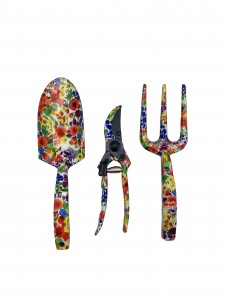 3pcs Floral Printed Green Flower Patterned Garden Tool Kits including garden trowel, rake, pruning shears