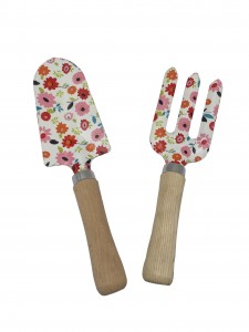 2pcs Floral Printed iron Garden Tool Kits including garden trowel and fork with ash wood handles