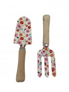 2pcs Floral Printed iron Garden Tool Kits including garden trowel and fork with ash wood handles