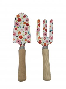 2pcs Floral Printed iron Garden Tool Kits including garden trowel and fork with ash wood handles