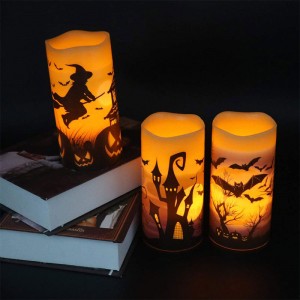 Halloween Candles Battery Operated Halloween Flameless Candles, Halloween Decorations Real Wax LED Pillar Candles with 6 Hour Timer, Castle, Witch, Bats Decal Halloween Decor Indoor