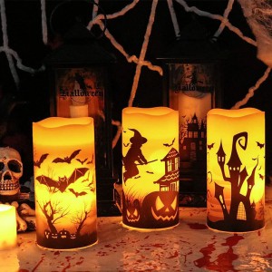 Halloween Candles Battery Operated Halloween Flameless Candles, Halloween Decorations Real Wax LED Pillar Candles with 6 Hour Timer, Castle, Witch, Bats Decal Halloween Decor Indoor