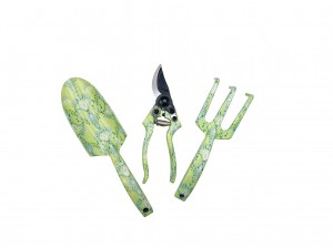 3pcs Floral Printed Green Flower Patterned Garden Tool Kits including garden trowel, rake, pruning shears