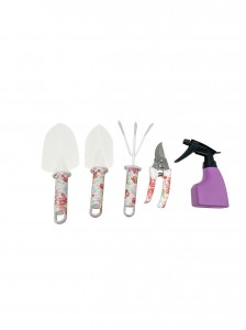 5pcs Floral Printed Garden Tool Kits including garden trowel, shovel. rake, pruning shears and sprayer with carrying case