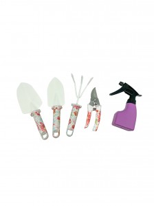 5pcs Floral Printed Garden Tool Kits including garden trowel, shovel. rake, pruning shears and sprayer with carrying case