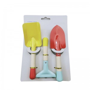 3pcs Colorful Kids Garden Tool Kits including garden trowel, shovel and rake with wood handles with back card