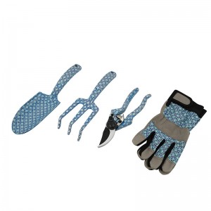 4pcs Floral Printed Garden Tool Kits including garden trowel, rake, pruning shears and gloves