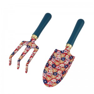 brown 3pcs Floral Printed Green Flower Patterned Garden Tool Kits including garden trowel, rake, pruning shears