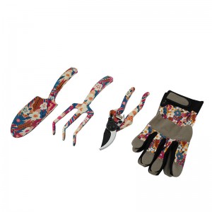 4pcs Floral Printed Garden Tool Kits including garden trowel, rake, pruning shears and gloves