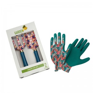 brown 3pcs Floral Printed Green Flower Patterned Garden Tool Kits including garden trowel, rake, pruning shears