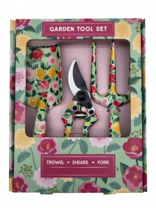 3pcs Floral Printed Green Flower Patterned Garden Tool Kits including garden trowel, rake, pruning shears