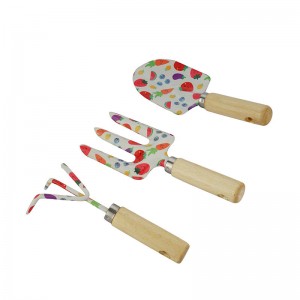 3pcs Floral Printed Kids Garden Tool Kits including garden trowel, fork and rake with wood handles