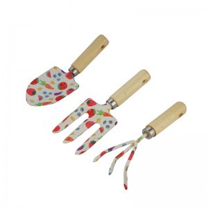 3pcs Floral Printed Kids Garden Tool Kits including garden trowel, fork and rake with wood handles