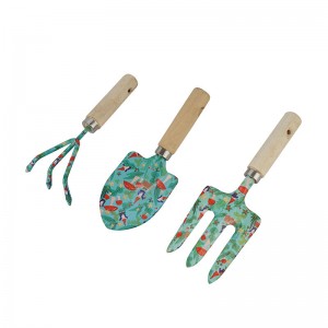 3pcs Floral Printed Kids Garden Tool Kits including garden trowel, fork and rake with wood handles