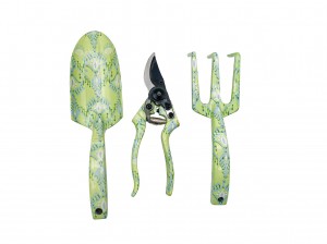 3pcs Floral Printed Green Flower Patterned Garden Tool Kits including garden trowel, rake, pruning shears