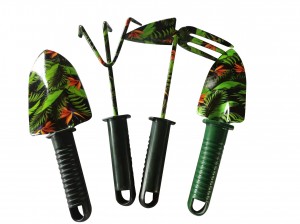 4pcs iron floral printed garden tool sets including garden trowel, pointed shovel, rake and hoe