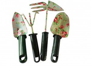 4pcs iron floral printed garden tool sets including garden trowel, pointed shovel, rake and hoe