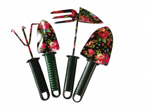 4pcs iron floral printed garden tool sets including garden trowel, pointed shovel, rake and hoe